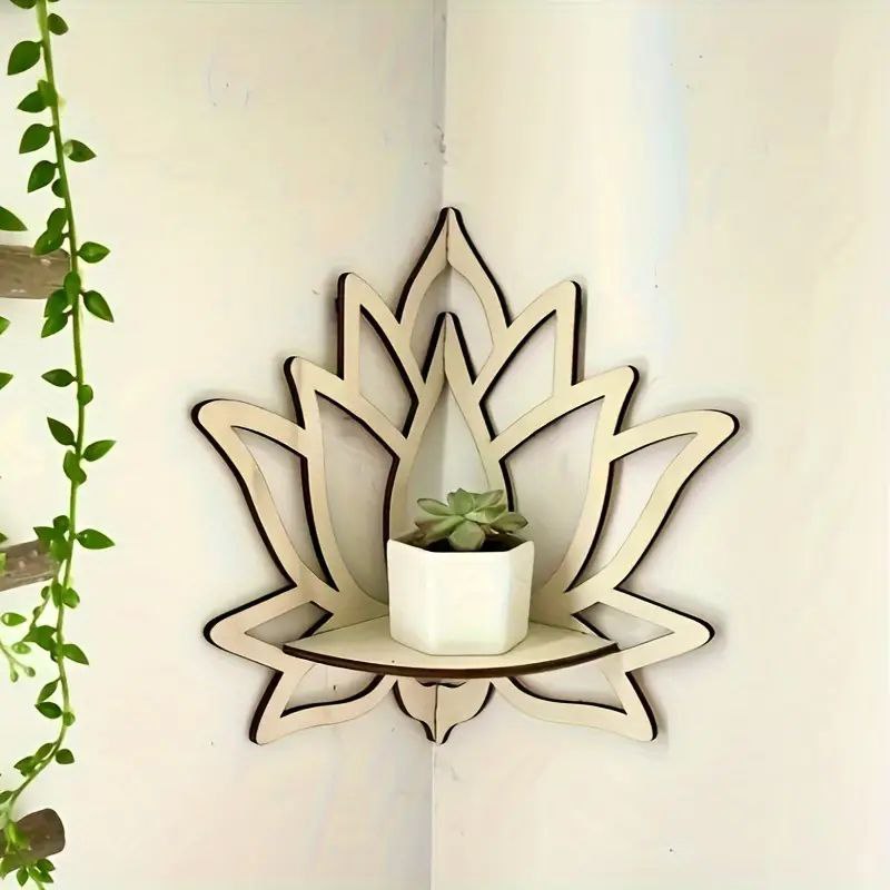 Etajeră de Perete din Lemn în Formă de Lotus - Suport Artistic pentru Expunere, Ideal pentru Decor Minimalist, Design Compact, Lucrat Manual